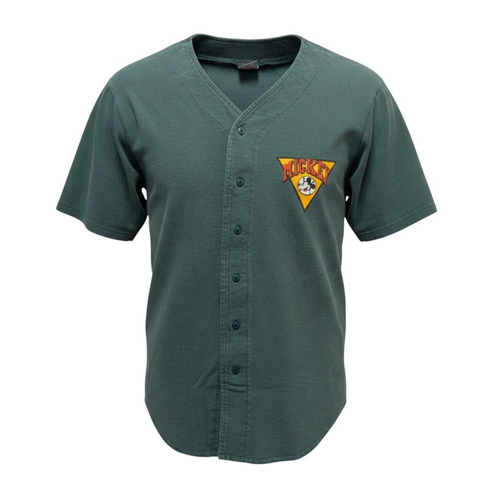 Disney Store Mickey Mouse Baseball Jersey Mens Green Graphic Button Up Shirt